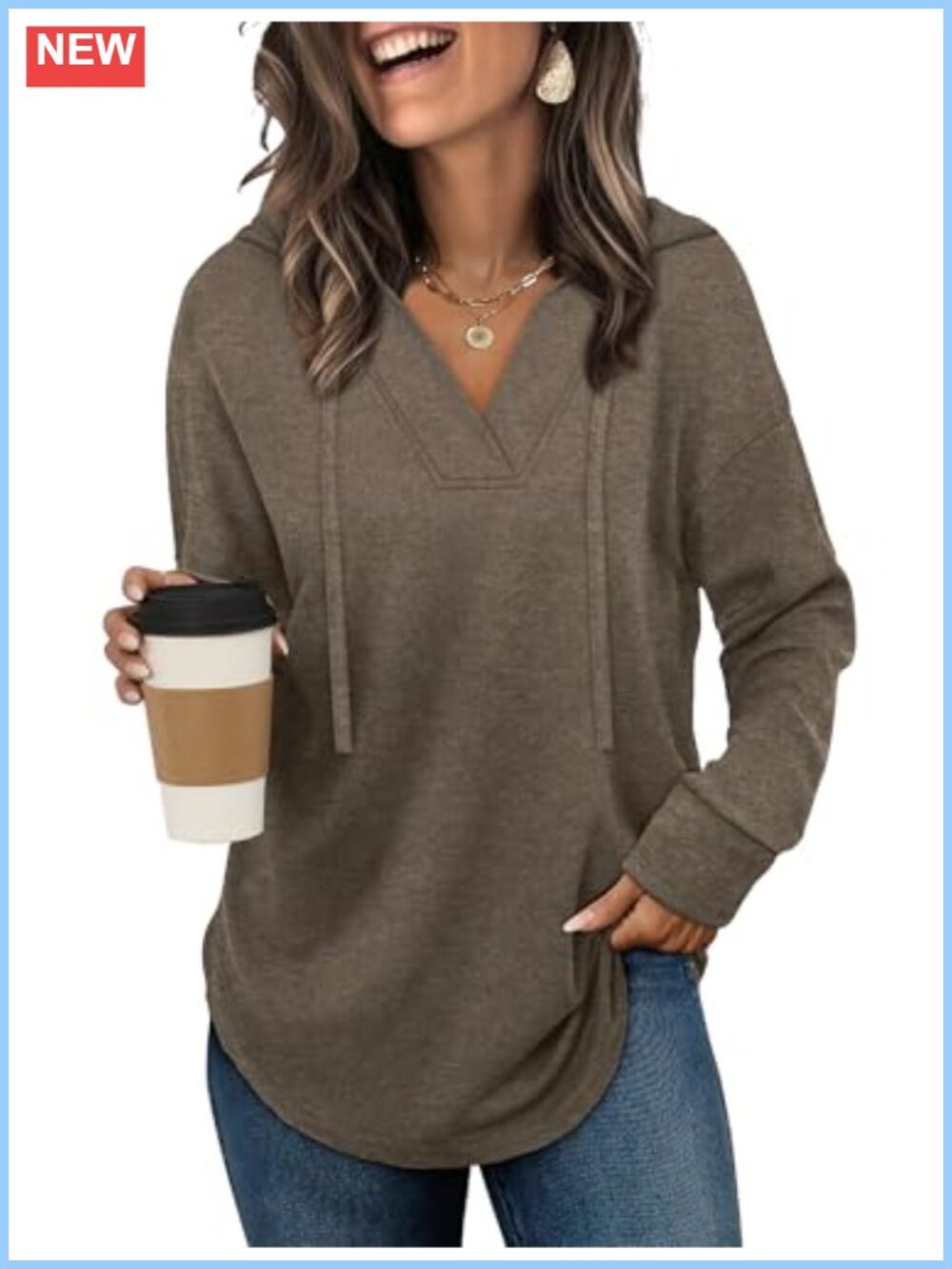 V-Neck Oversized Hooded Sweatshirt Lightweight High Stretch Long Sleeve